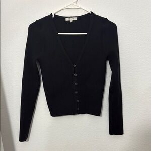 Madewell Carmon Cropped Black Ribbed Cardigan Sweater